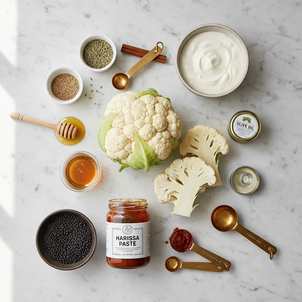 Harissa Cauliflower Steaks with Lentils & Yogurt - Perfect Seared 15-Minute Meal 2 Harissa Cauliflower Steaks with Lentils & Yogurt ingredients organized for rapid prep on a dark wood board