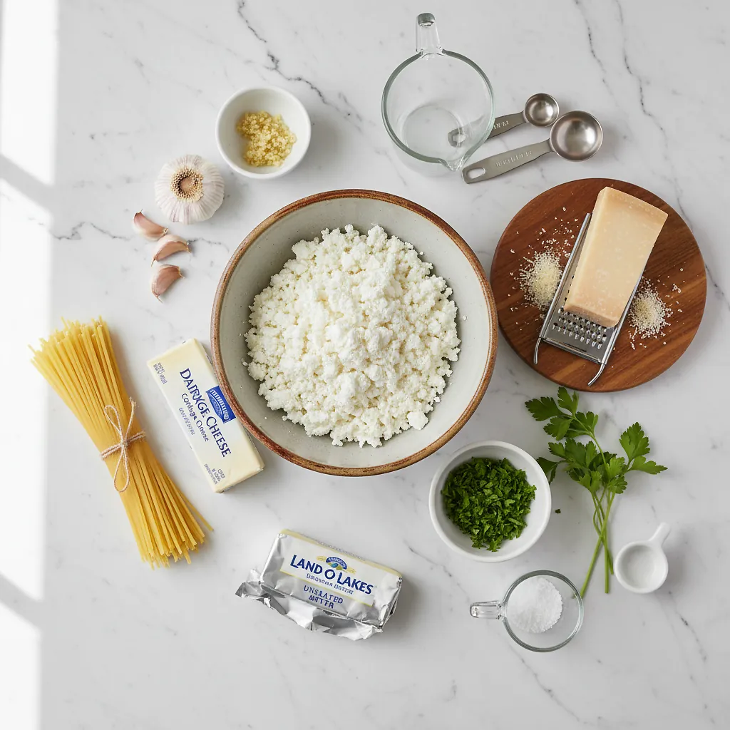 5-ingredient Cottage Cheese Alfredo Pasta ingredients organized for rapid prep on a dark wood board
