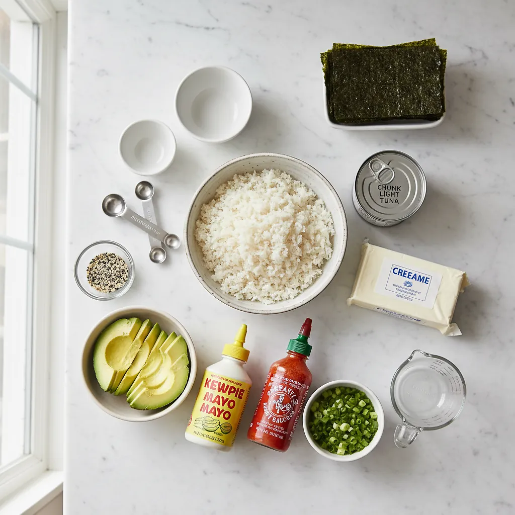 Spicy Tuna Sushi Bake ingredients organized for rapid prep on a dark wood board