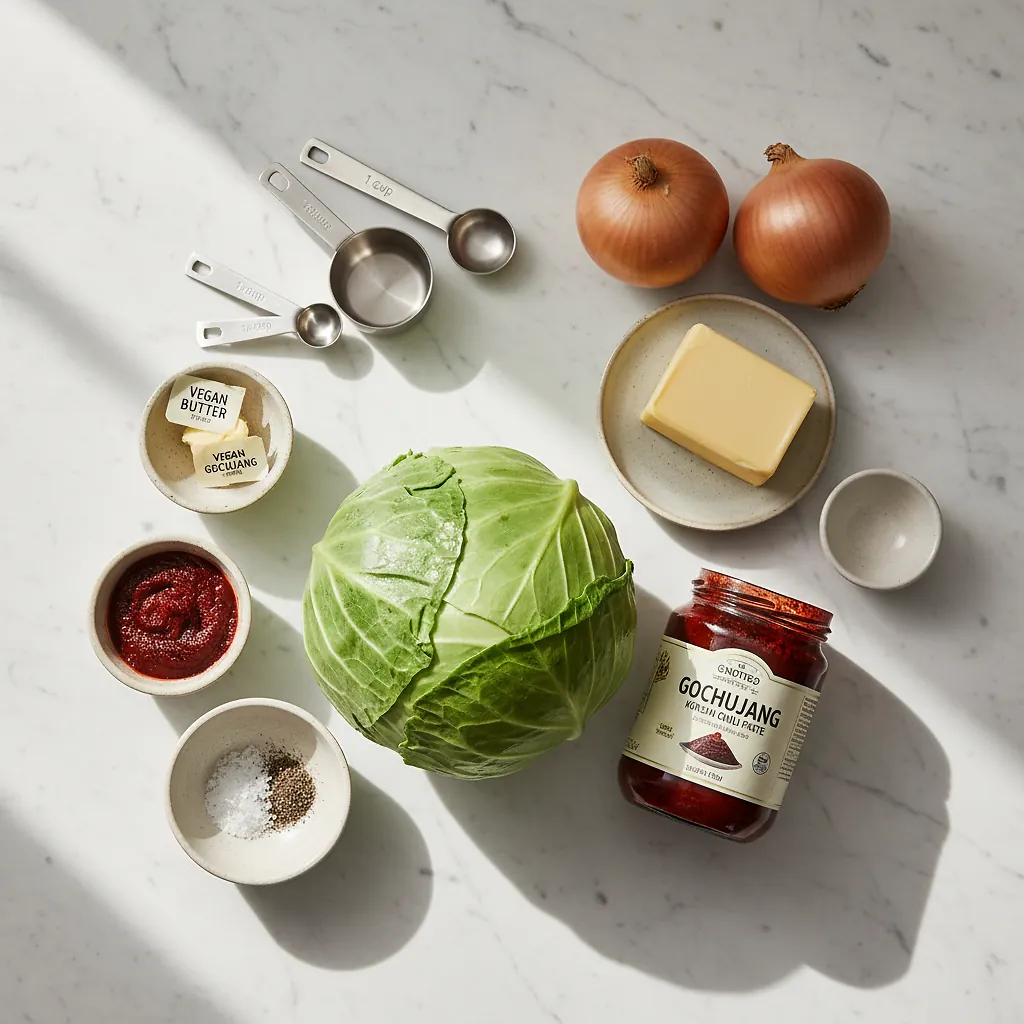 Charred Cabbage with Gochujang Butter Sauce and Caramelised Onions 2 Charred Cabbage with Gochujang Butter Sauce and Caramelised Onions ingredients organized for rapid prep on a dark wood board