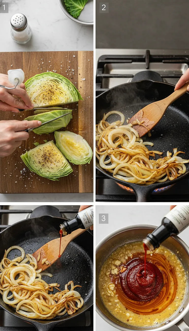 Charred Cabbage with Gochujang Butter Sauce and Caramelised Onions 3 Step-by-Step High Heat Execution for Charred Cabbage with Gochujang Butter Sauce and Caramelised Onions