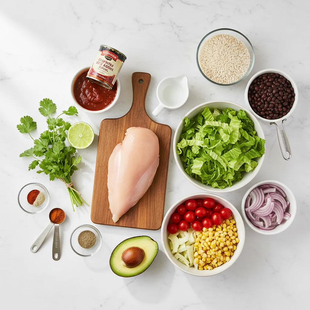 Chicken Burrito Bowl ingredients organized for rapid prep on a dark wood board