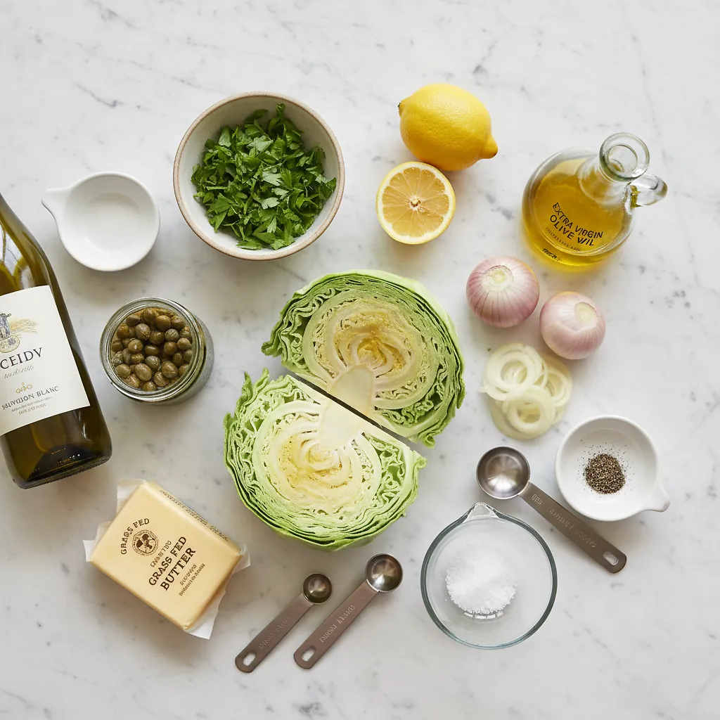 Charred Cabbage Steaks Piccata - Perfect High-Heat Vegetarian Meal 2 Charred Cabbage Steaks Piccata ingredients organized for rapid prep on a dark wood board