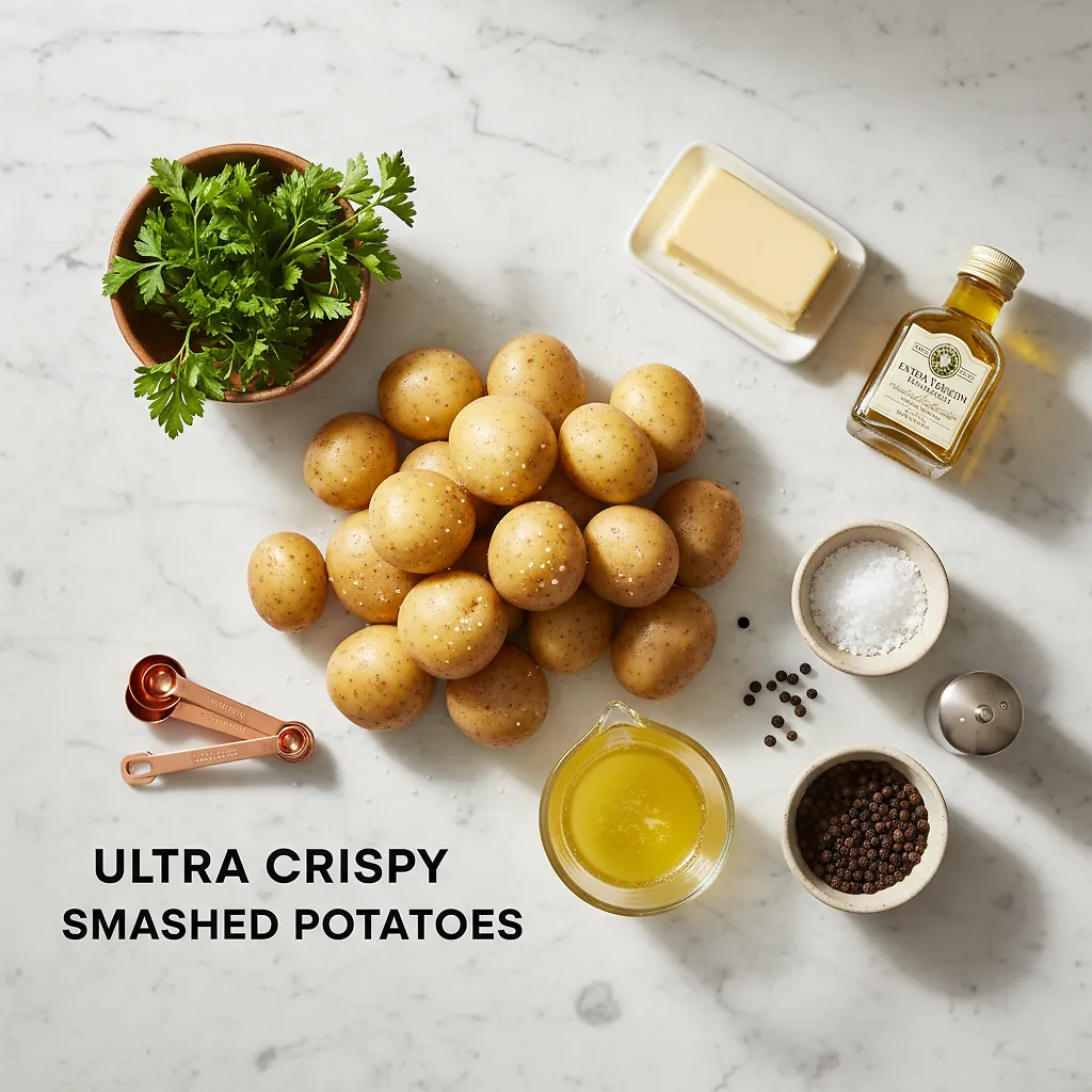 Ultra Crispy Smashed Potatoes ingredients organized for rapid prep on a dark wood board