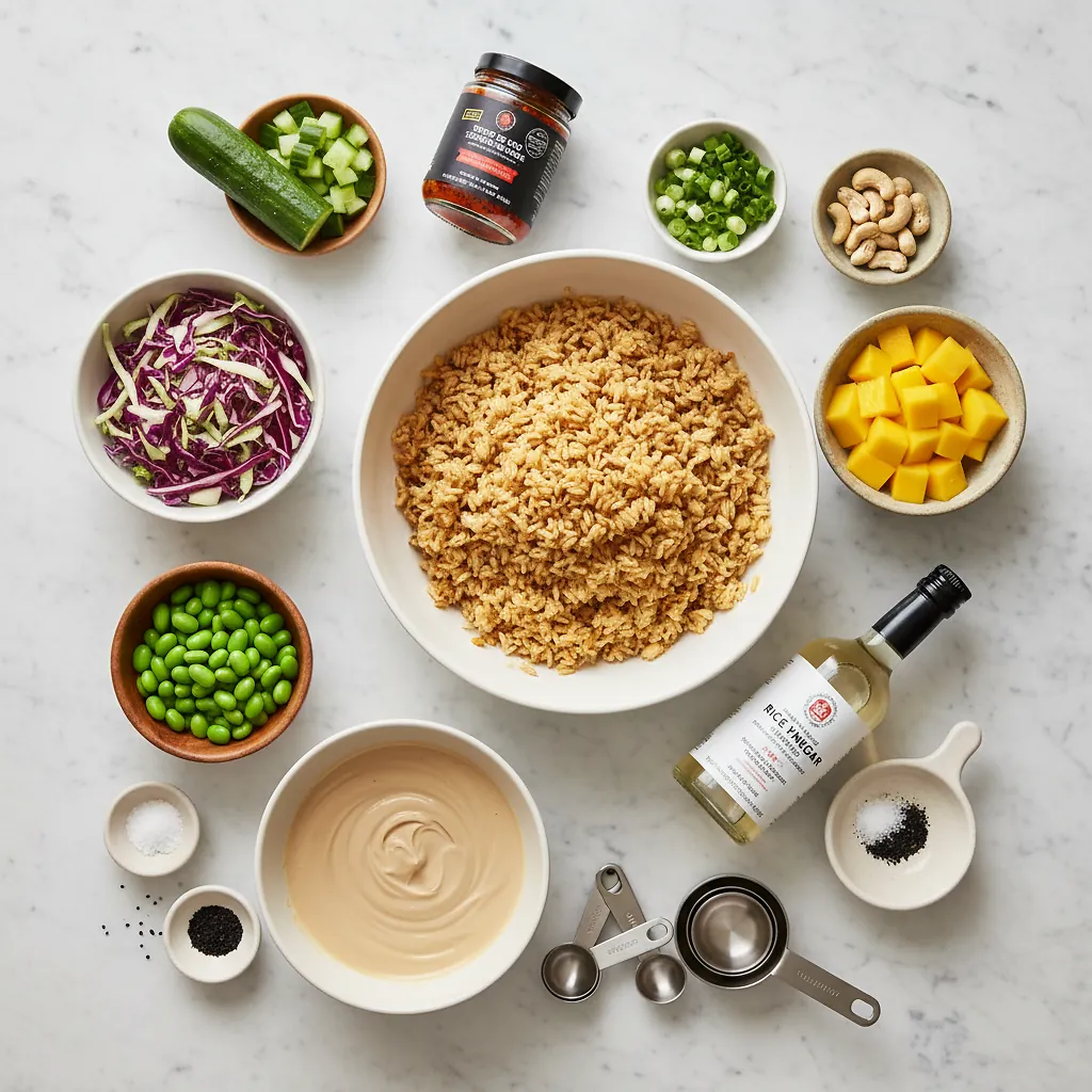Crispy Rice Salad with Chili Crisp Tahini ingredients organized for rapid prep on a dark wood board