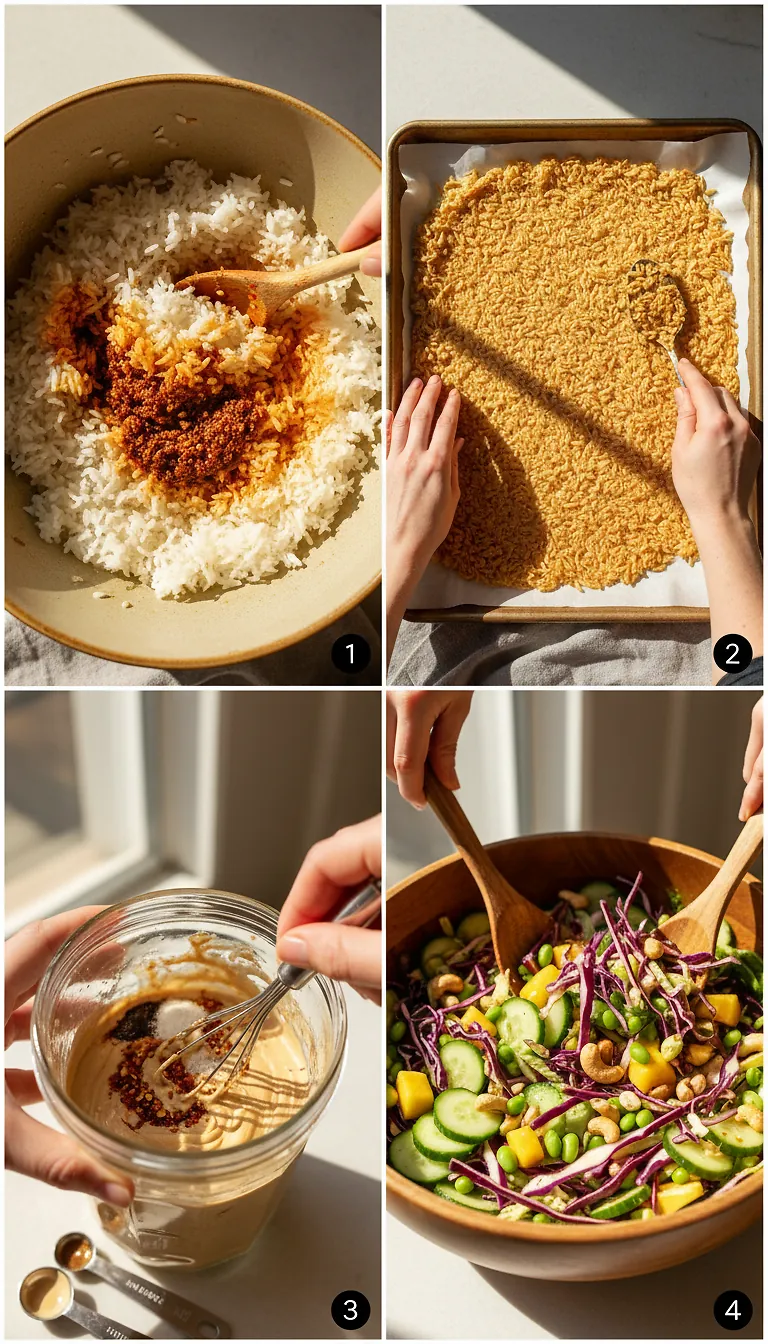 Step-by-Step High Heat Execution for Crispy Rice Salad with Chili Crisp Tahini