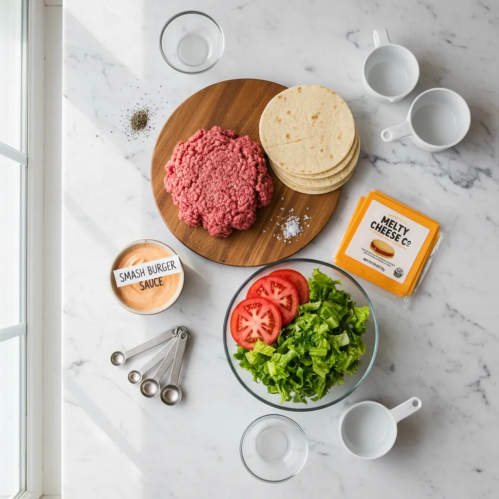 Air Fryer Smash Burger Tacos ingredients organized for rapid prep on a dark wood board