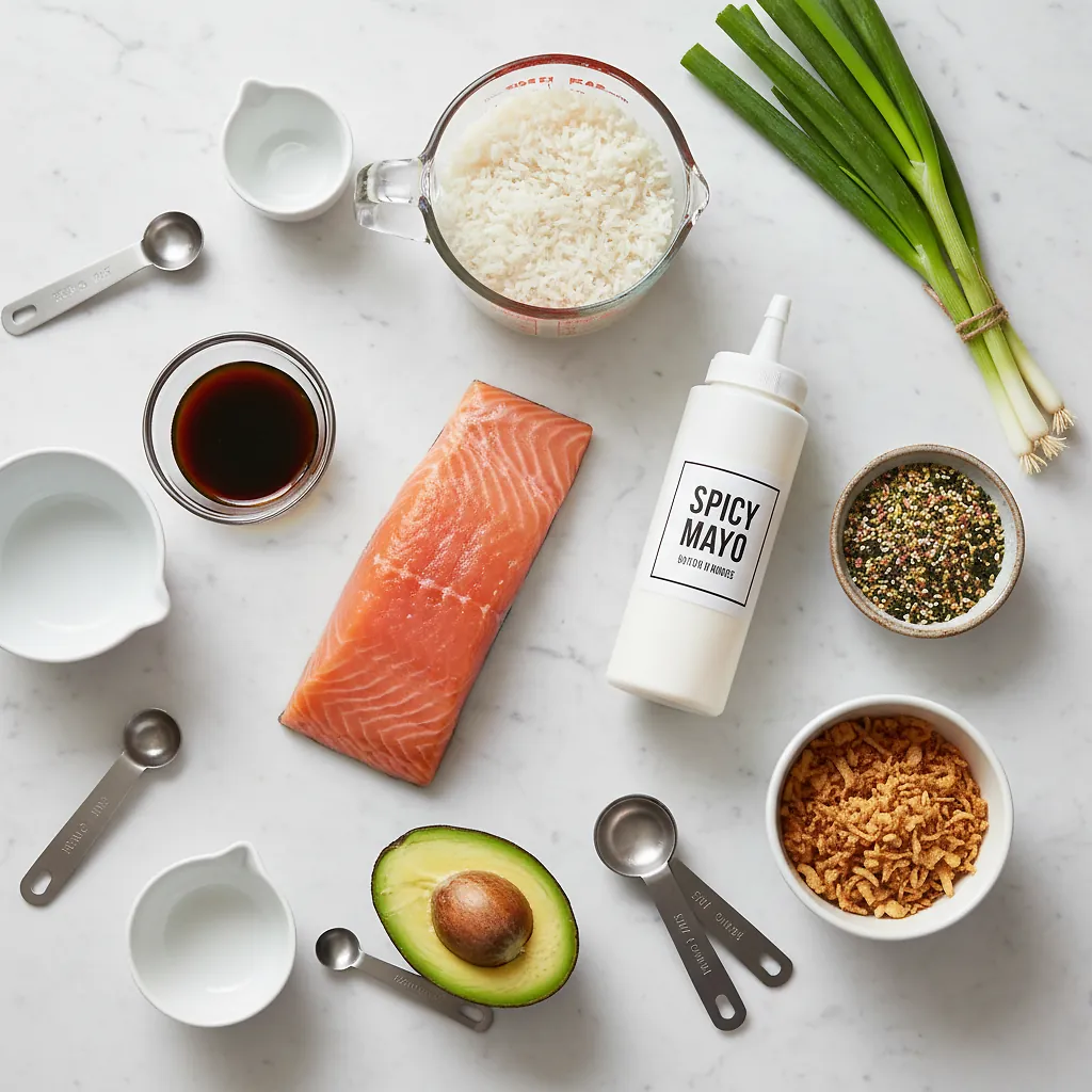 Teriyaki Salmon Sushi Bake for Two ingredients organized for rapid prep on a dark wood board