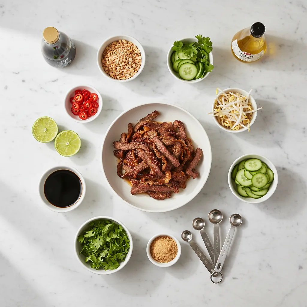 Crispy Chilli Beef Salad ingredients organized for rapid prep on a dark wood board