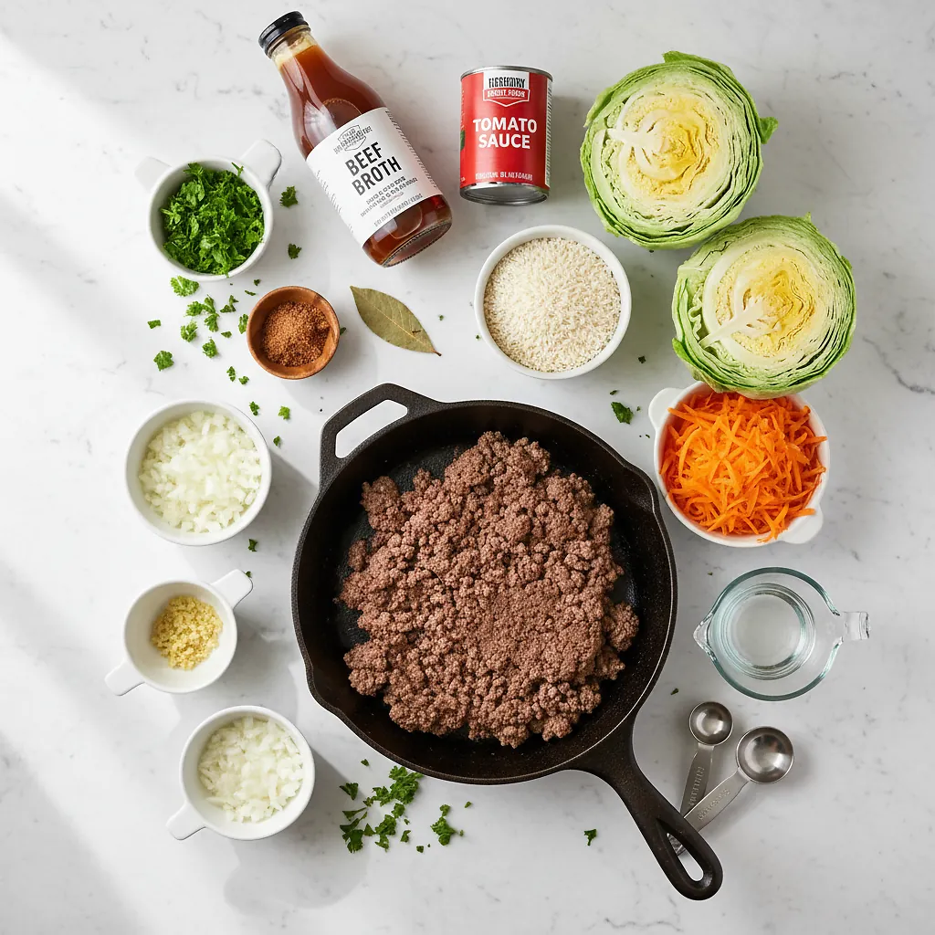 Cabbage Roll Soup ingredients organized for rapid prep on a dark wood board