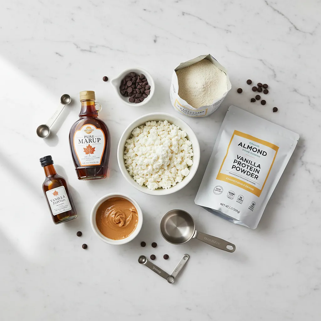 Cottage Cheese Cookie Dough ingredients organized for rapid prep on a dark wood board