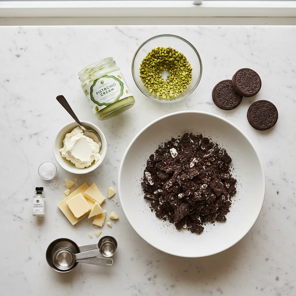 Dubai Style Pistachio Oreo Truffles ingredients organized for rapid prep on a dark wood board