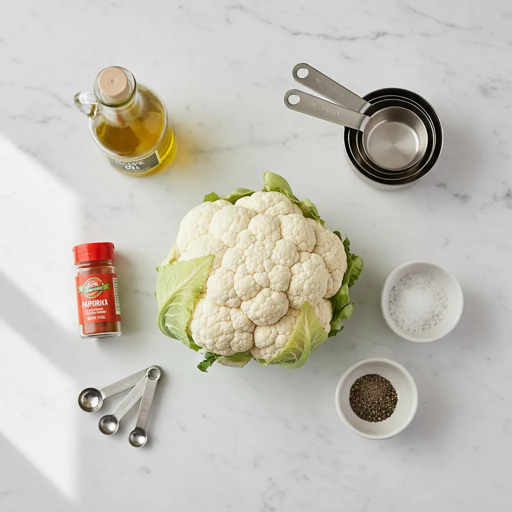 Air Fryer Cauliflower Steaks ingredients organized for rapid prep on a dark wood board
