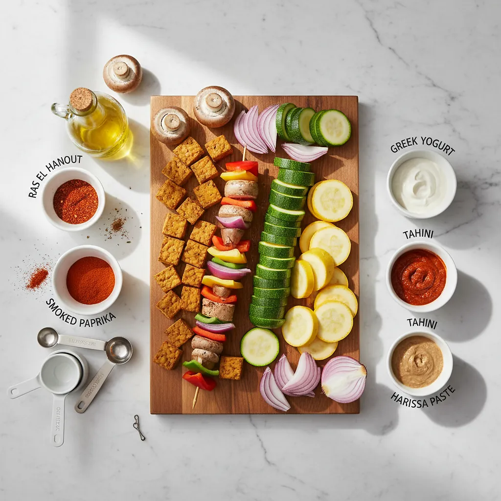 Moroccan Grilled Veggie Skewers ingredients organized for rapid prep on a dark wood board
