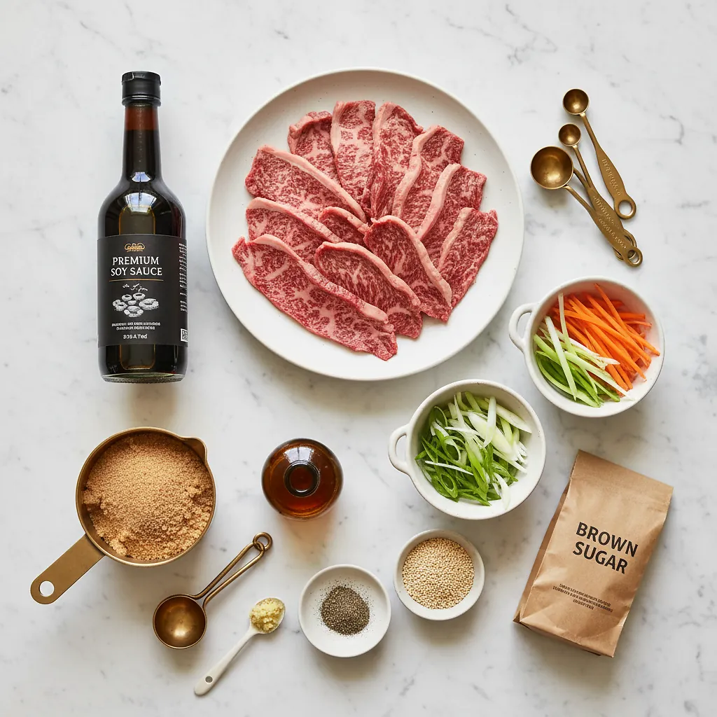 Air Fryer Beef Bulgogi - Perfect 15-Minute Korean Beef Recipe 2 Air Fryer Beef Bulgogi ingredients organized for rapid prep on a dark wood board
