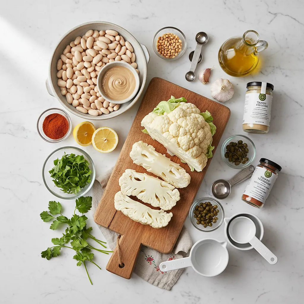 Roasted Cauliflower Steaks With Butter Bean Purée ingredients organized for rapid prep on a dark wood board