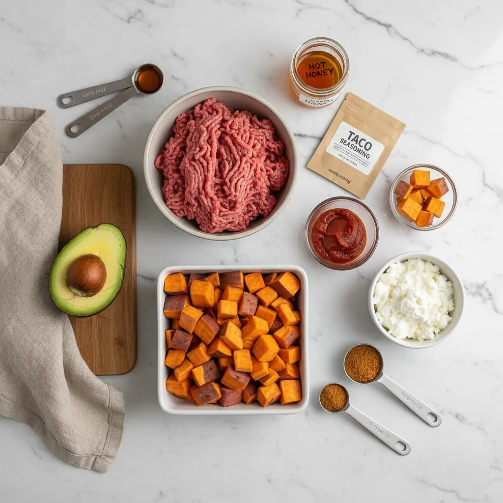 Viral Hot Honey Ground Beef Bowls ingredients organized for rapid prep on a dark wood board