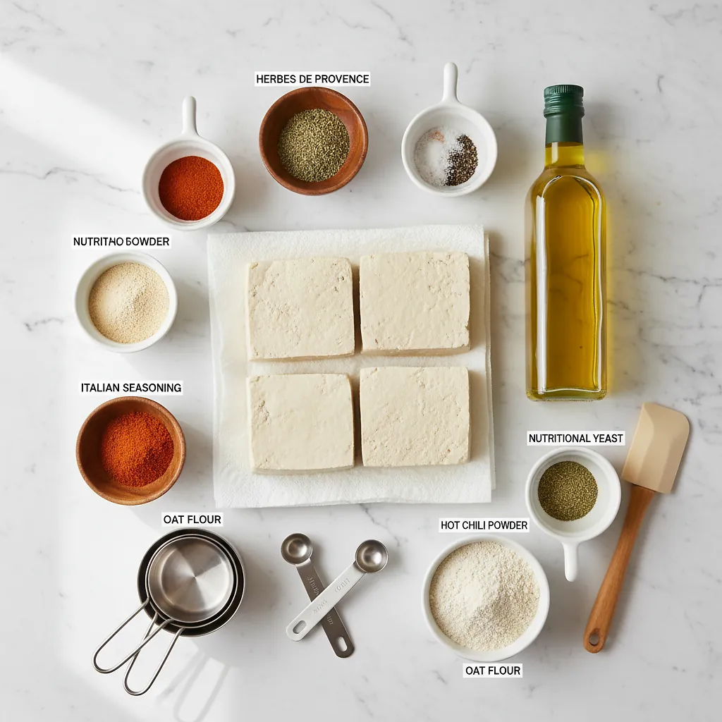 Herb Crusted Tofu Steaks ingredients organized for rapid prep on a dark wood board