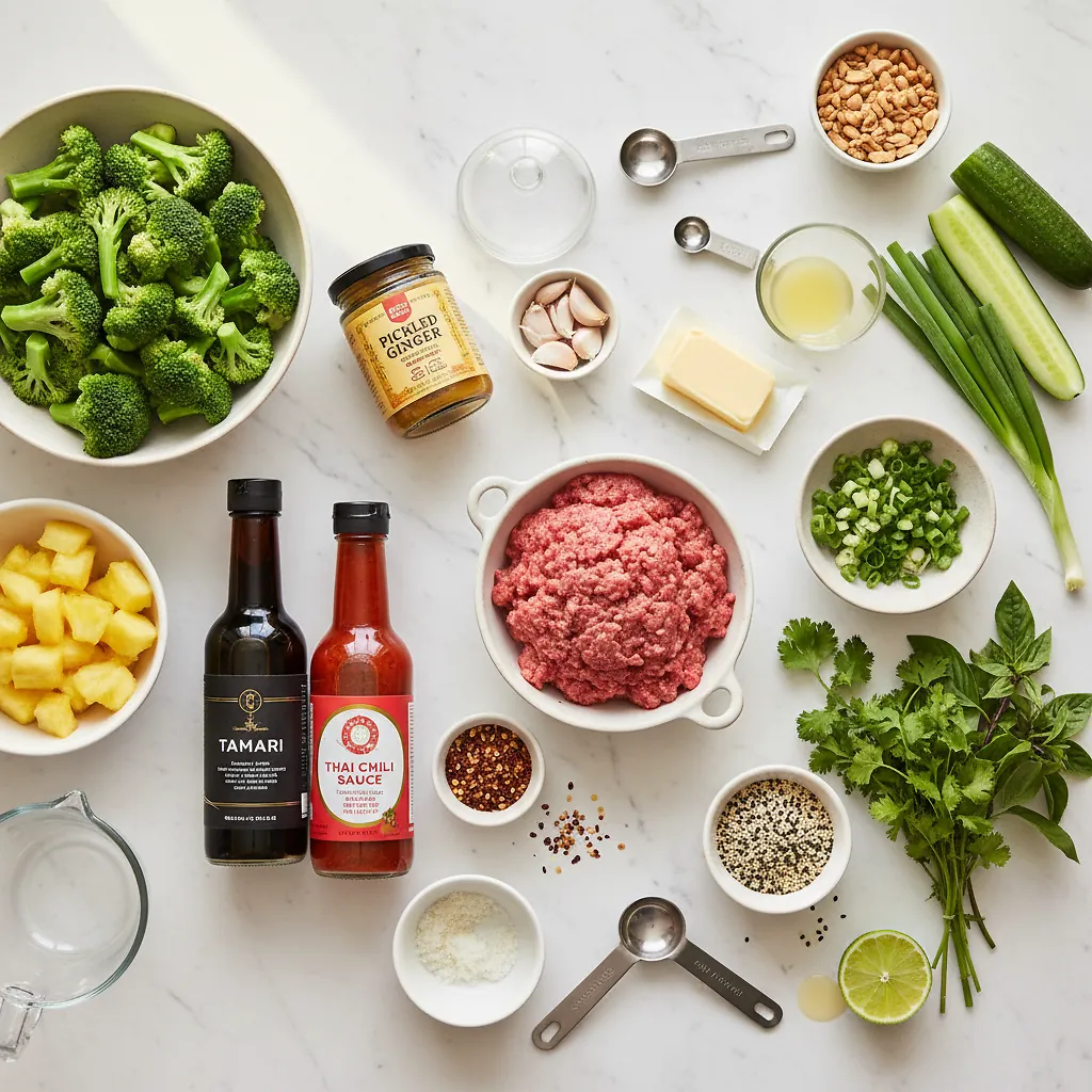 20 Minute Sticky Ginger Sesame Pineapple Beef ingredients organized for rapid prep on a dark wood board