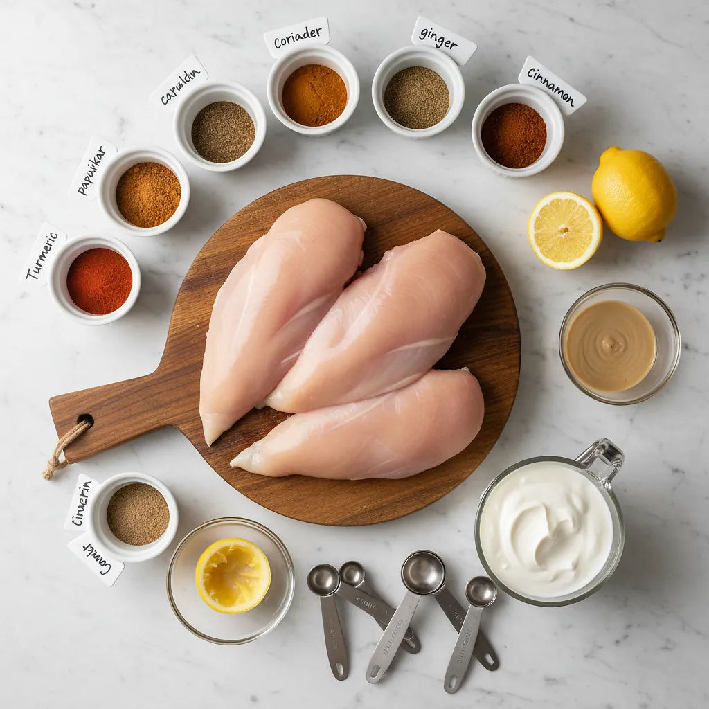 Shawarma-Spiced Grilled Chicken With Tahini-Yogurt Sauce ingredients organized for rapid prep on a dark wood board