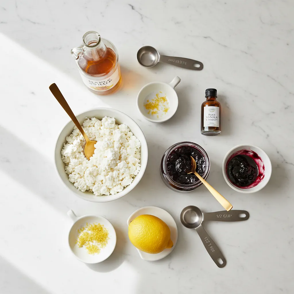 Lemon Blueberry Cottage Cheese Ice Cream ingredients organized for rapid prep on a dark wood board