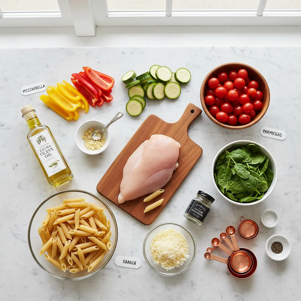 Chicken Primavera Pasta Bake ingredients organized for rapid prep on a dark wood board