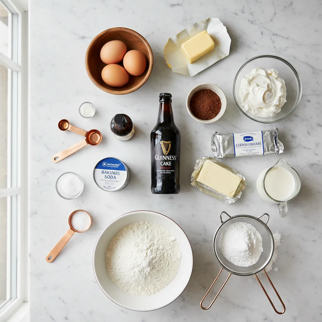 Chocolate Guinness Cake ingredients organized for rapid prep on a dark wood board