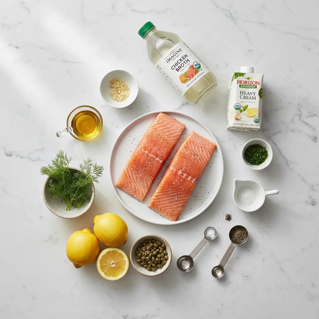 Creamy Salmon Piccata ingredients organized for rapid prep on a dark wood board