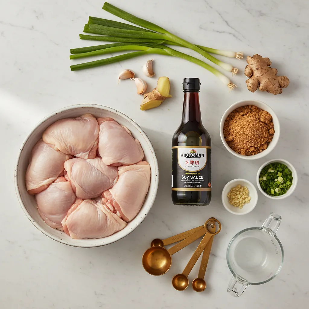 Hawaiian Shoyu Chicken ingredients organized for rapid prep on a dark wood board