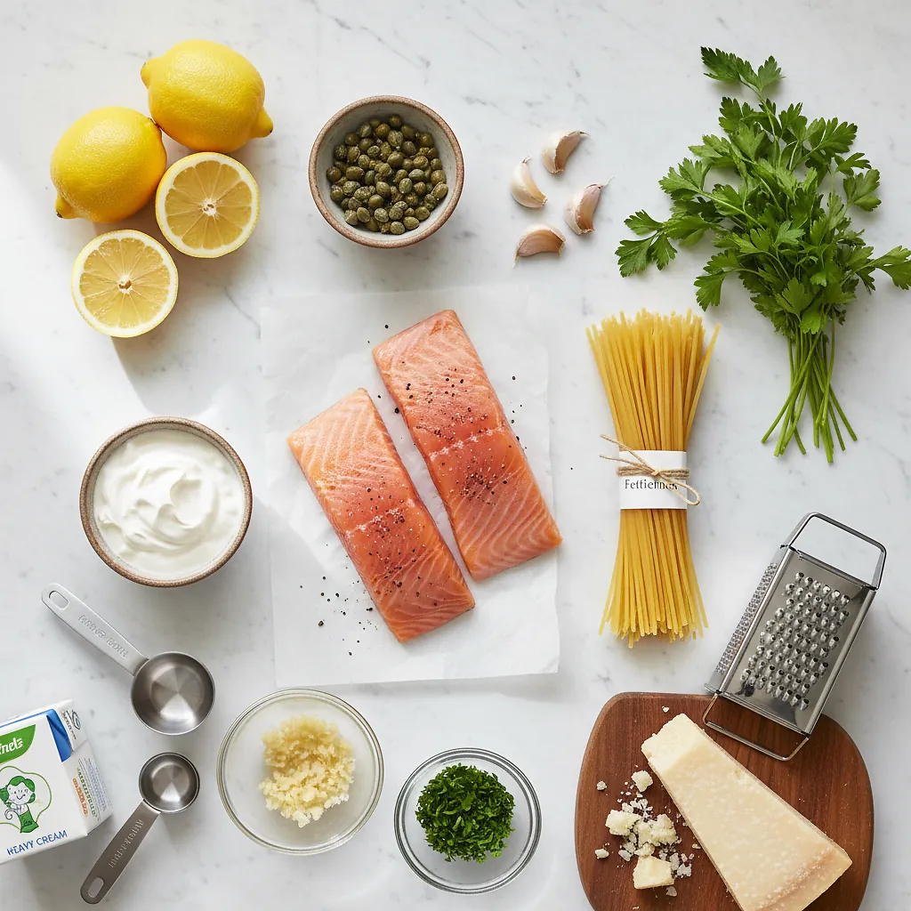 Creamy Lemon Salmon Piccata Pasta ingredients organized for rapid prep on a dark wood board