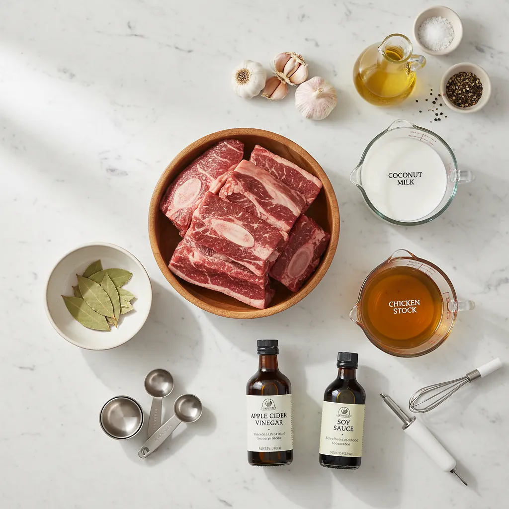 Beef Short-Rib Adobo ingredients organized for rapid prep on a dark wood board