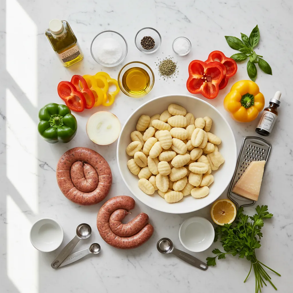 Sheet-Pan Gnocchi with Sausage and Peppers ingredients organized for rapid prep on a dark wood board