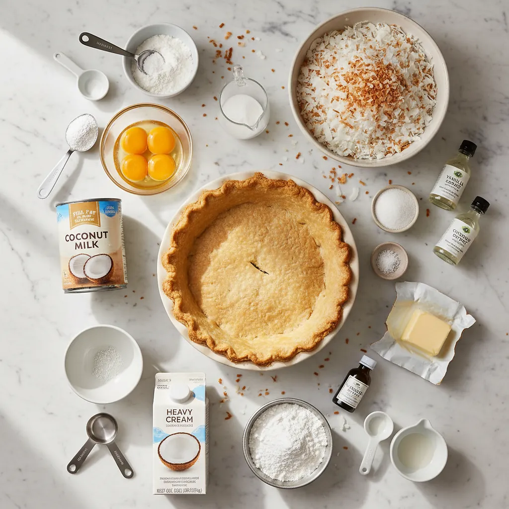 Homemade Coconut Cream Pie - Perfect Creamy Dessert Recipe 2 Homemade Coconut Cream Pie ingredients organized for rapid prep on a dark wood board