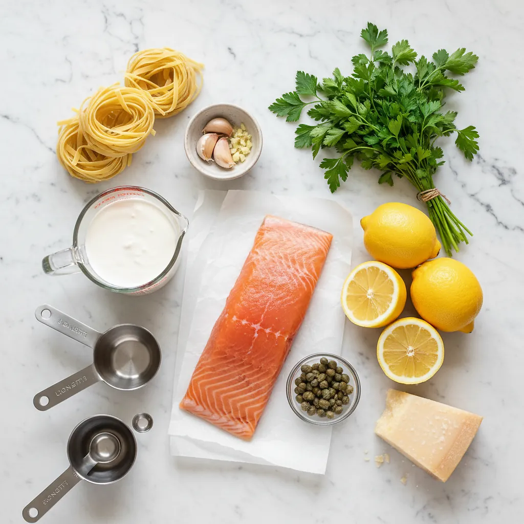 Creamy Lemon Salmon Piccata Pasta - Eating With Erica 2 Creamy Lemon Salmon Piccata Pasta ingredients organized for rapid prep on a dark wood board