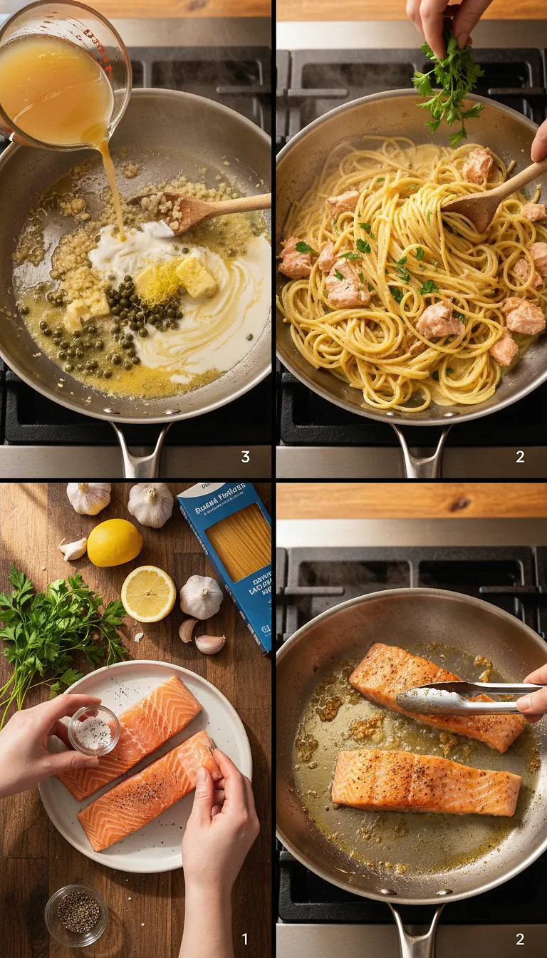Creamy Lemon Salmon Piccata Pasta - Eating With Erica 3 Step-by-Step High Heat Execution for Creamy Lemon Salmon Piccata Pasta