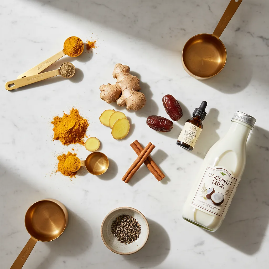 Warming Turmeric Ginger Latte (Golden Milk Latte) 2 Warming Turmeric Ginger Latte (Golden Milk Latte) ingredients organized for rapid prep on a dark wood board