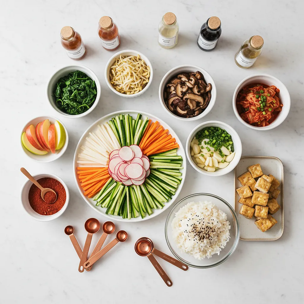 Vegan Bibimbap ingredients organized for rapid prep on a dark wood board