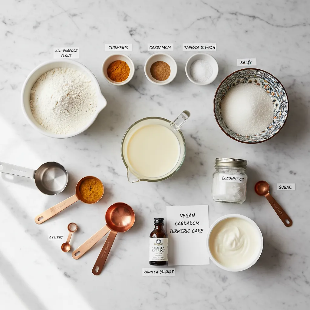 Vegan Cardamom Turmeric Cake ingredients organized for rapid prep on a dark wood board