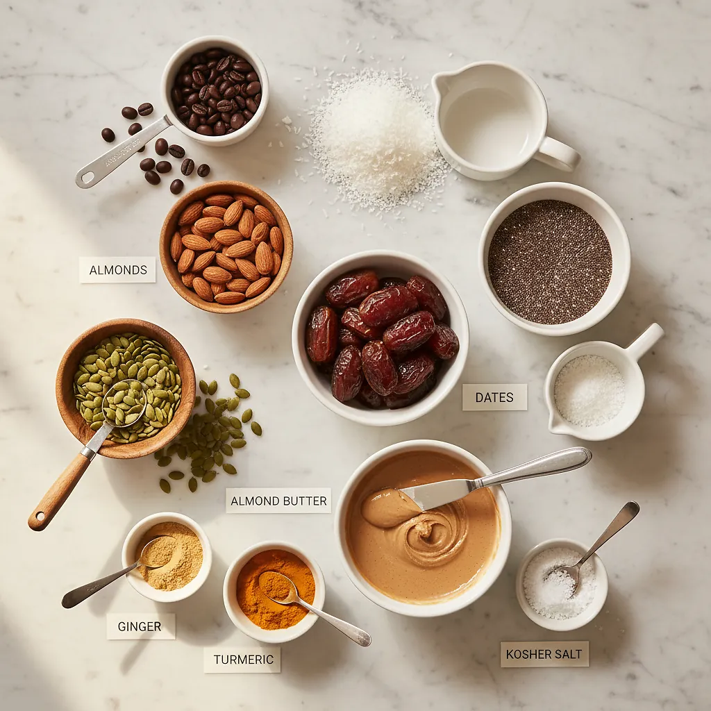 No-Bake Energy Bites with Ginger, Turmeric, Almonds, and Espresso ingredients organized for rapid prep on a dark wood board