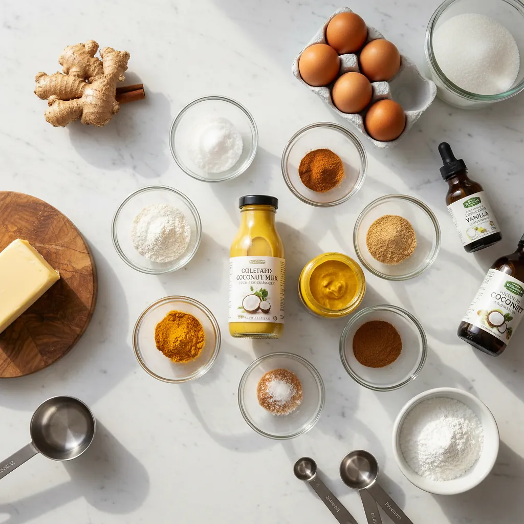 Golden Milk Latte Cake ingredients organized for rapid prep on a dark wood board