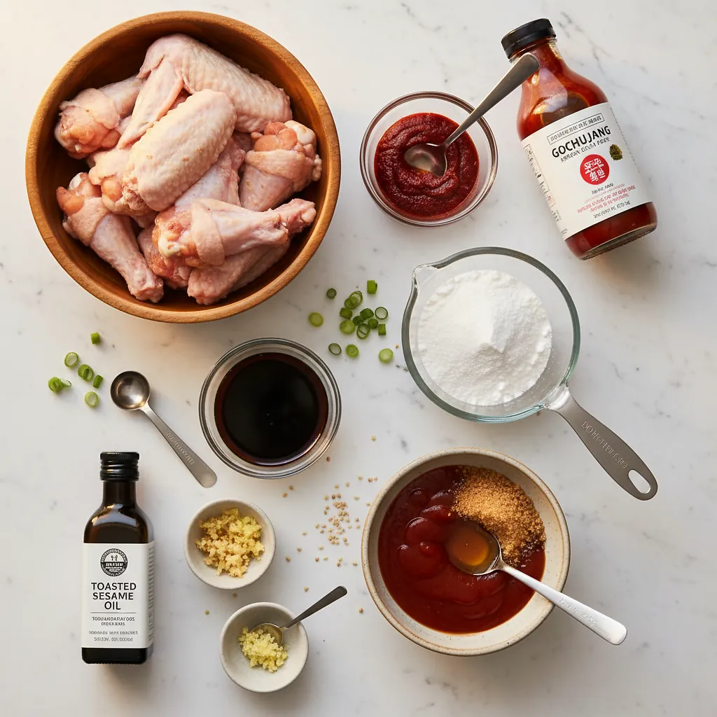 Best Air Fryer Korean Fried Chicken ingredients organized for rapid prep on a dark wood board