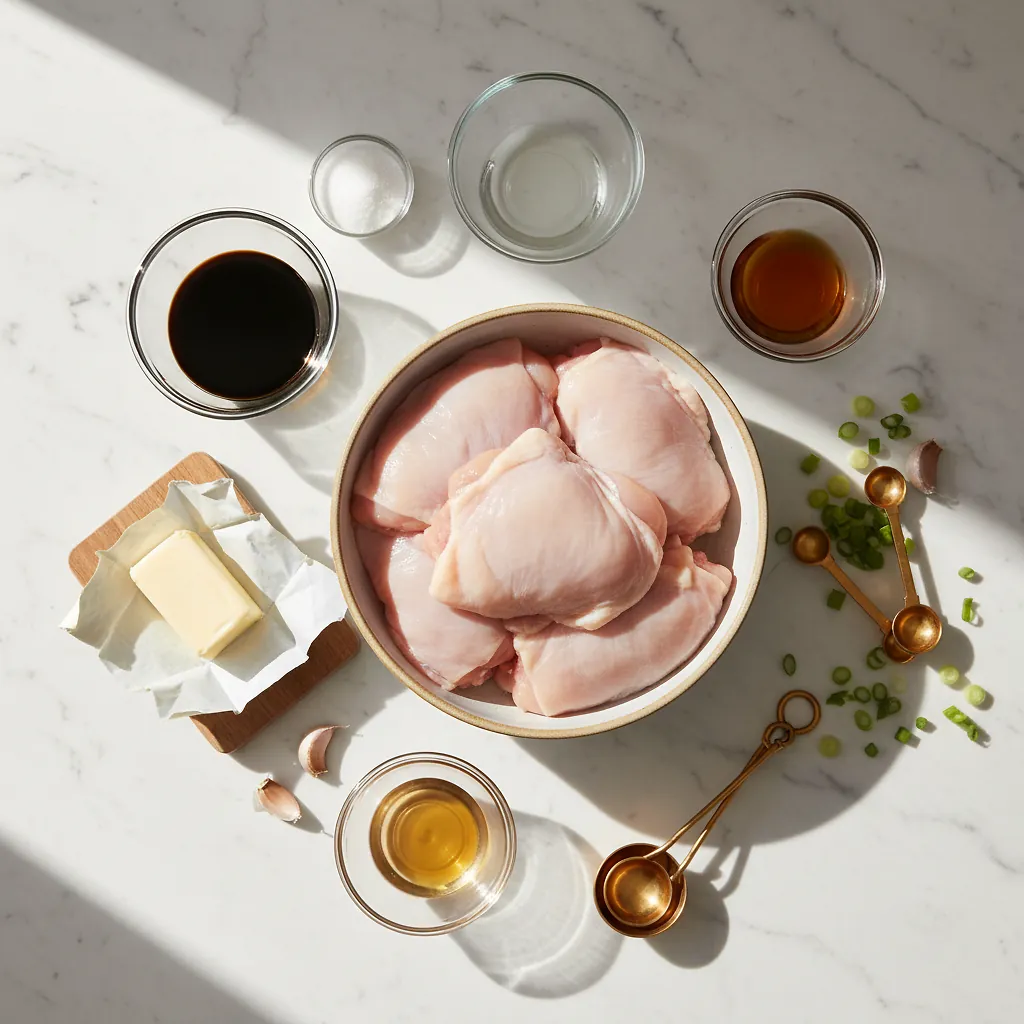 Butter Shoyu Chicken ingredients organized for rapid prep on a dark wood board