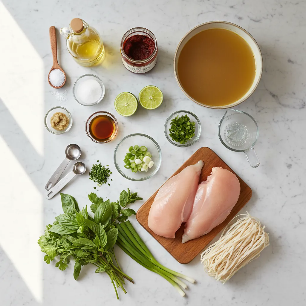 20-Minute Thai Red Curry Noodle Soup With Chicken ingredients organized for rapid prep on a dark wood board