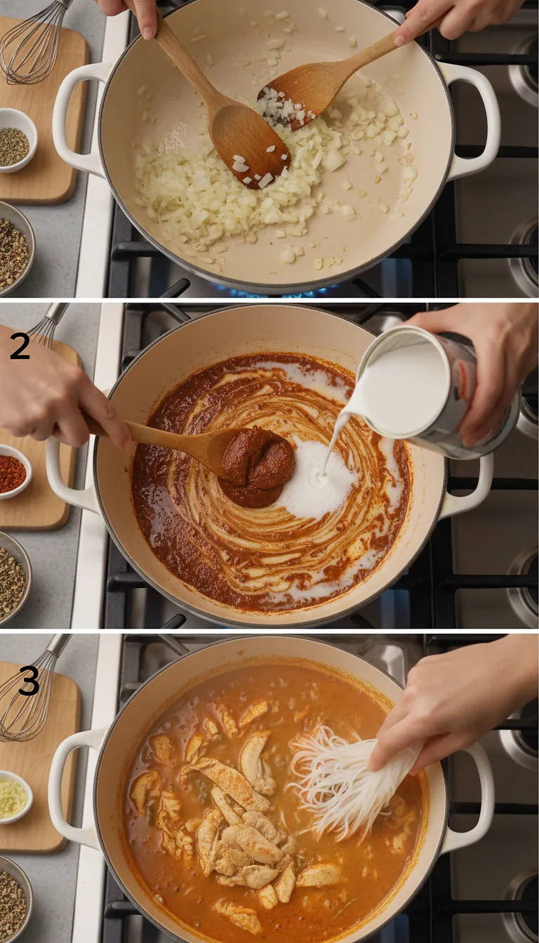 Step-by-Step High Heat Execution for 20-Minute Thai Red Curry Noodle Soup With Chicken