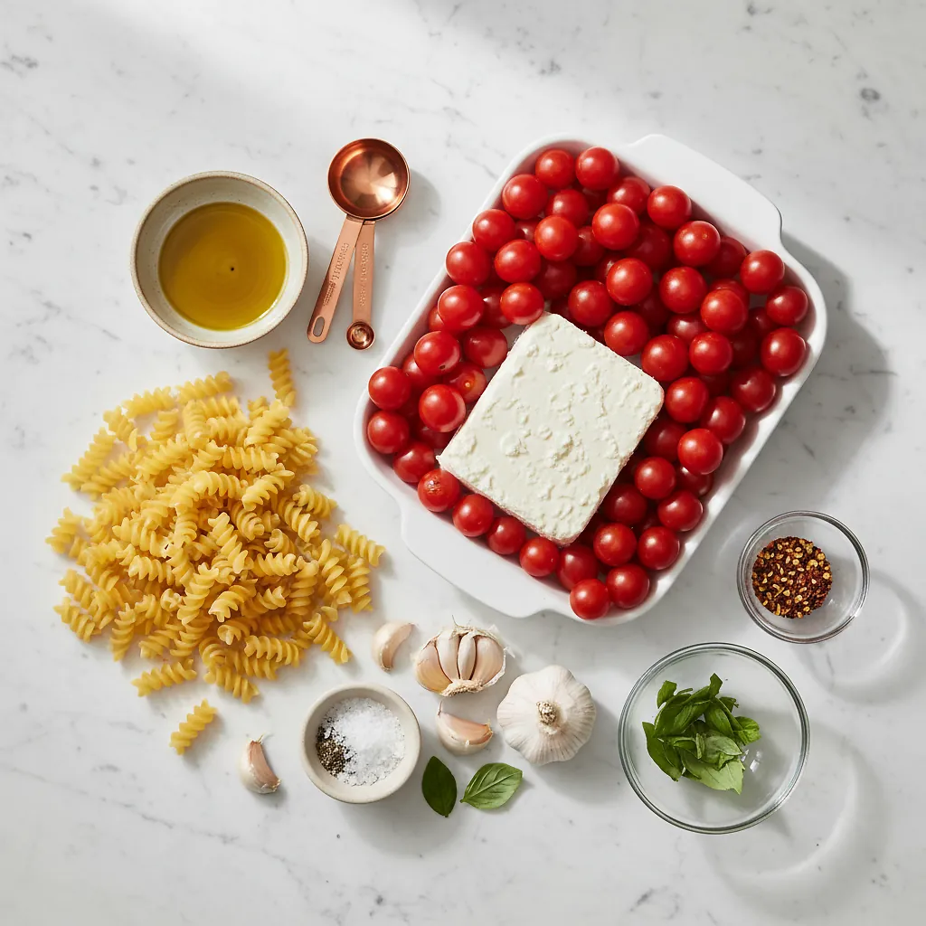 Baked Feta Pasta ingredients organized for rapid prep on a dark wood board