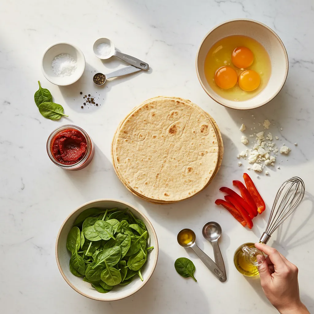 Meal Prep Breakfast Spinach Feta Wrap (Easy Starbucks Copycat) ingredients organized for rapid prep on a dark wood board