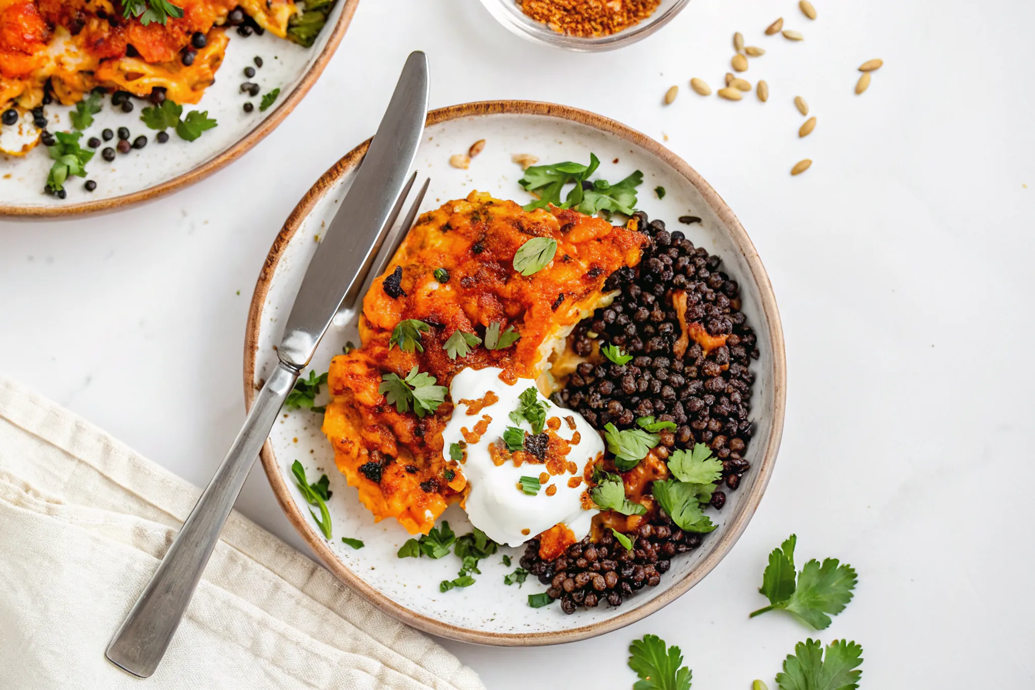 Harissa Cauliflower Steaks with Lentils & Yogurt - Perfect Seared 15-Minute Meal 4 Perfectly seared Harissa Cauliflower Steaks with Lentils & Yogurt served professional style