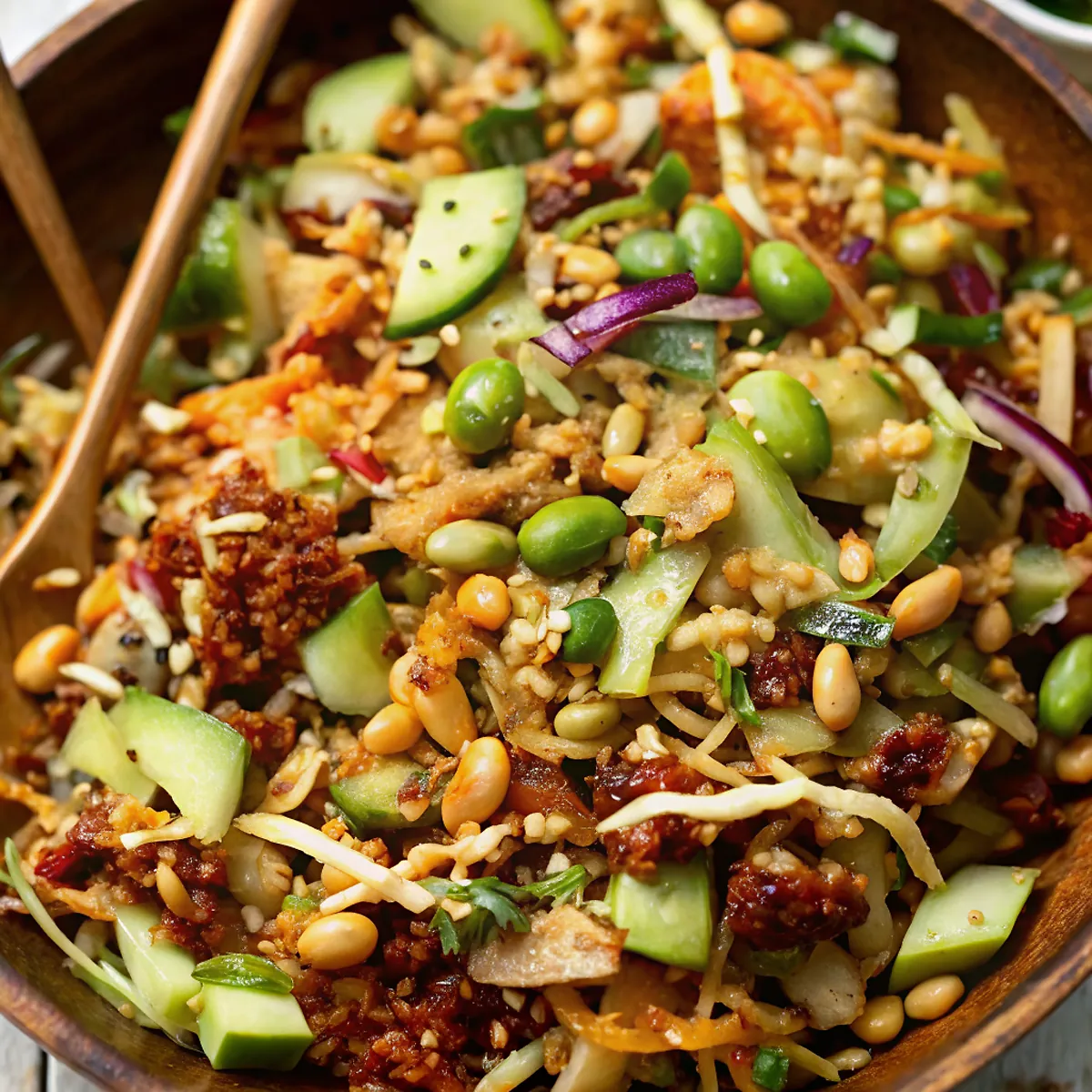 Perfectly seared Crispy Rice Salad with Chili Crisp Tahini served professional style