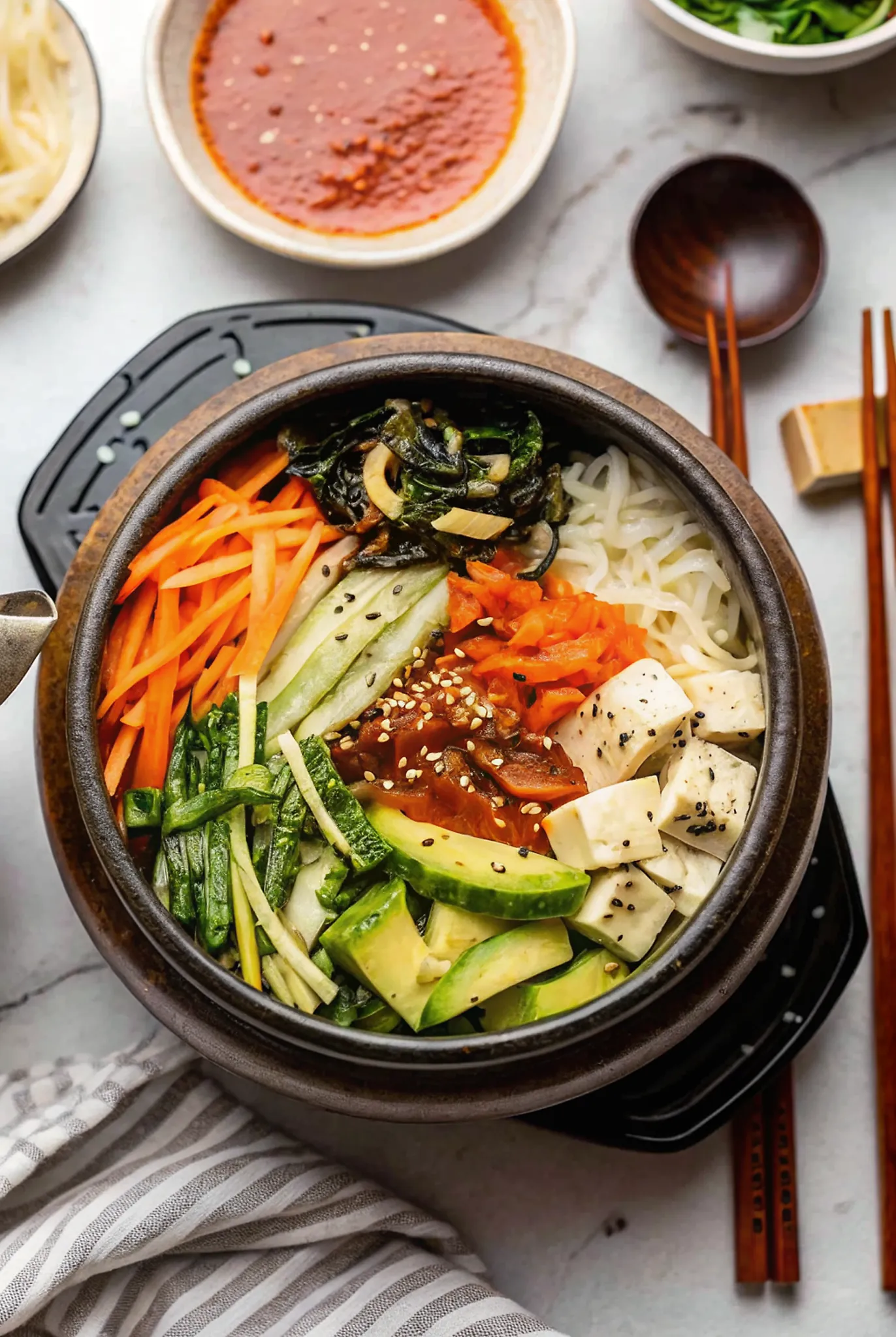 Perfectly seared Vegan Bibimbap served professional style