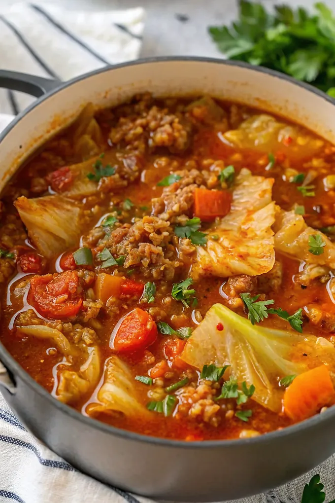 Perfectly seared Cabbage Roll Soup served professional style